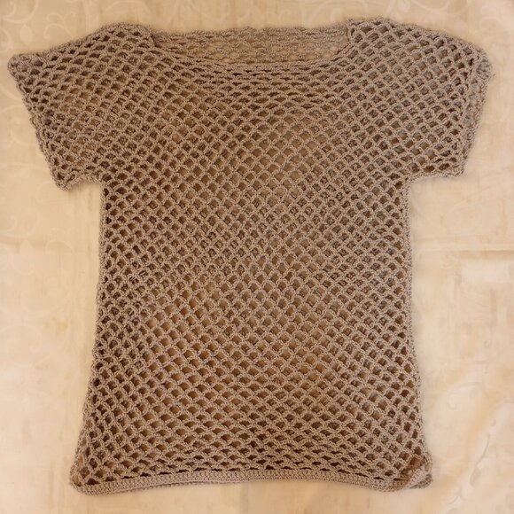 Women's Handmade Swim Coverup L Gray Rounded Neckline Fishnet Top Dress Crochet - Picture 5 of 9